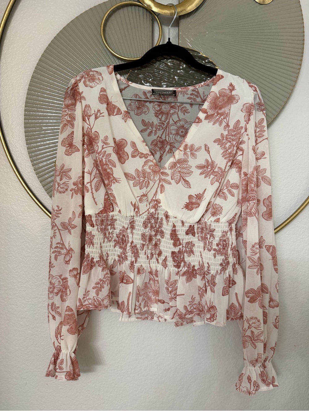 Lulumari White Blouse with Dusty Rose Floral Print